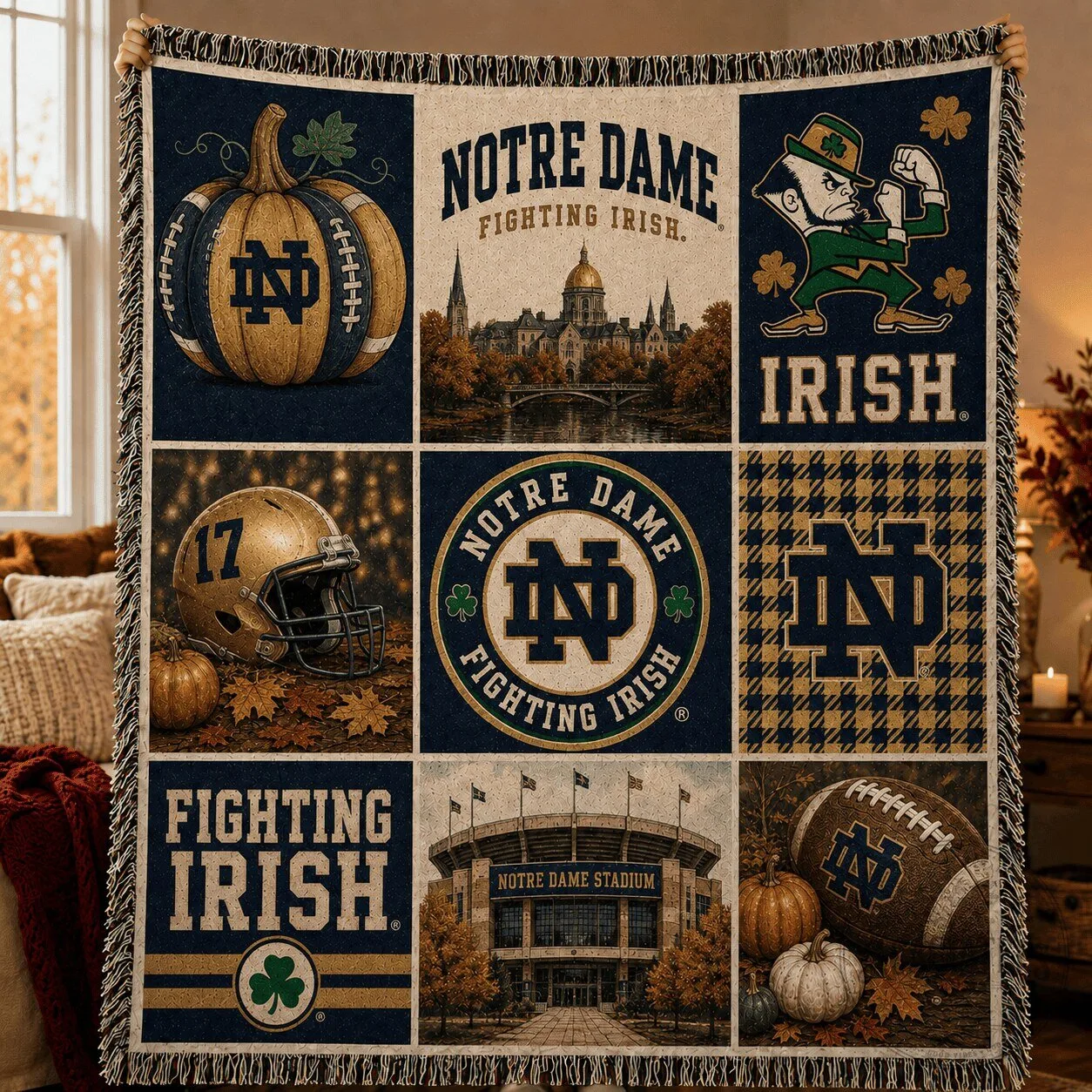 Notre Dame Fighting Irish Football Autumn Theme Woven Blanket